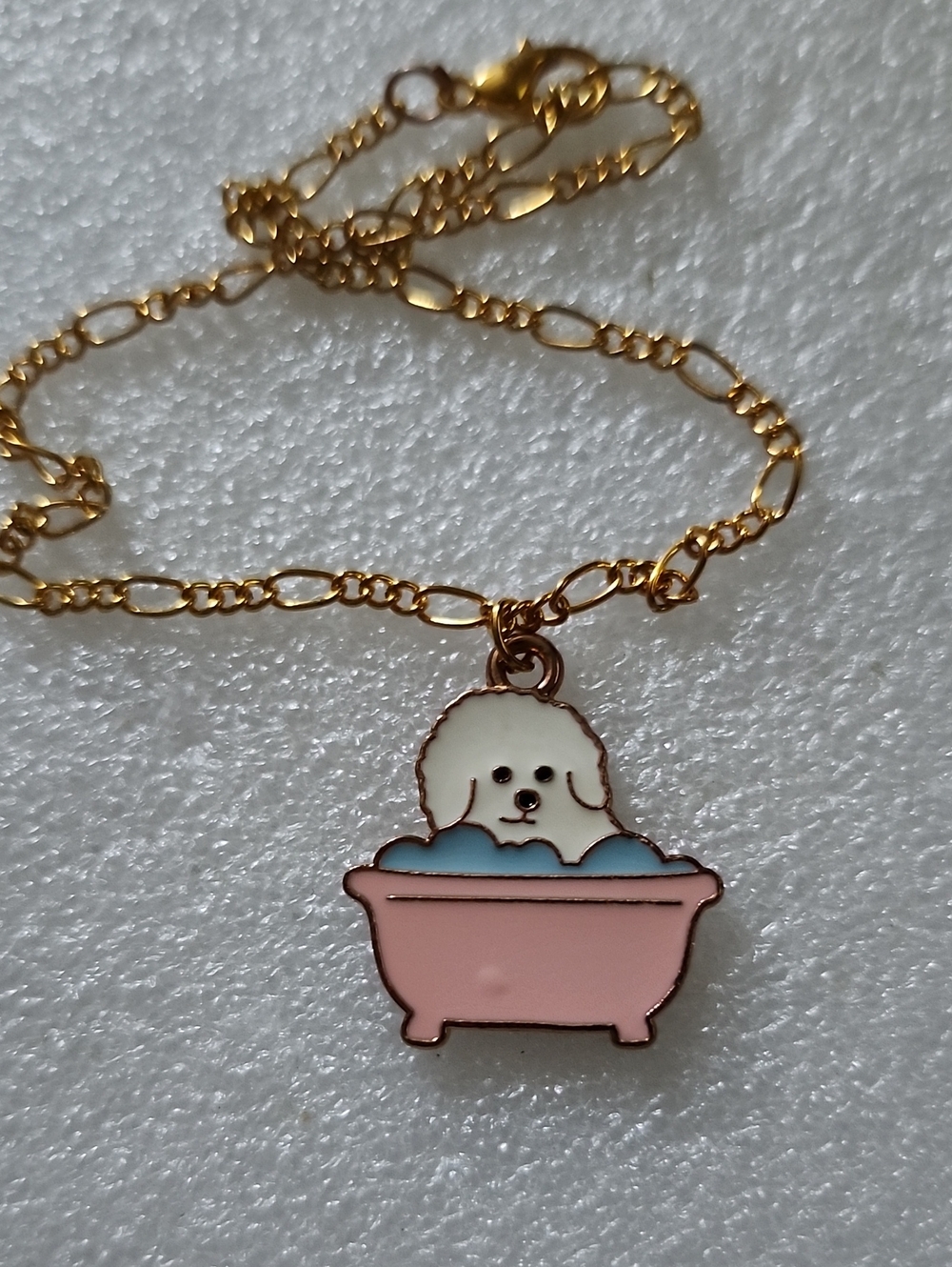 Hand Crafted Gold-tone Bracelet / Anklet with Pink Bathtub Puppy Enamel Charm